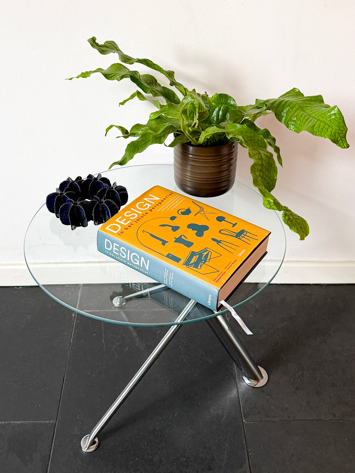 Vintage Round Glass Side Table with Sculptural Chrome Base | Modern Minimalist, 1990s