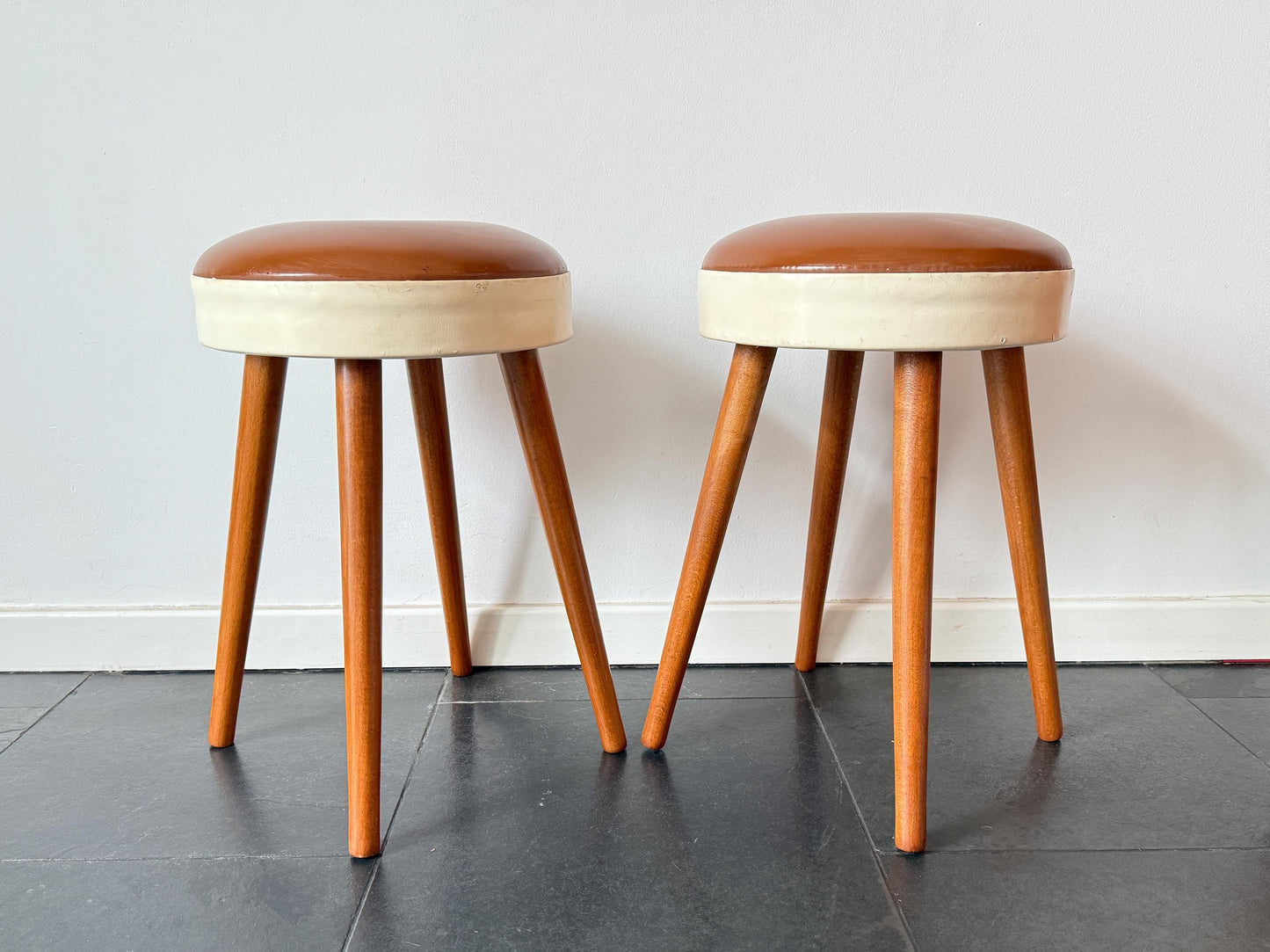 Vintage Mid-Century Wooden Stool with Leather Seat | Mid-Century / Scandinavian Modern, Mid-20th Century