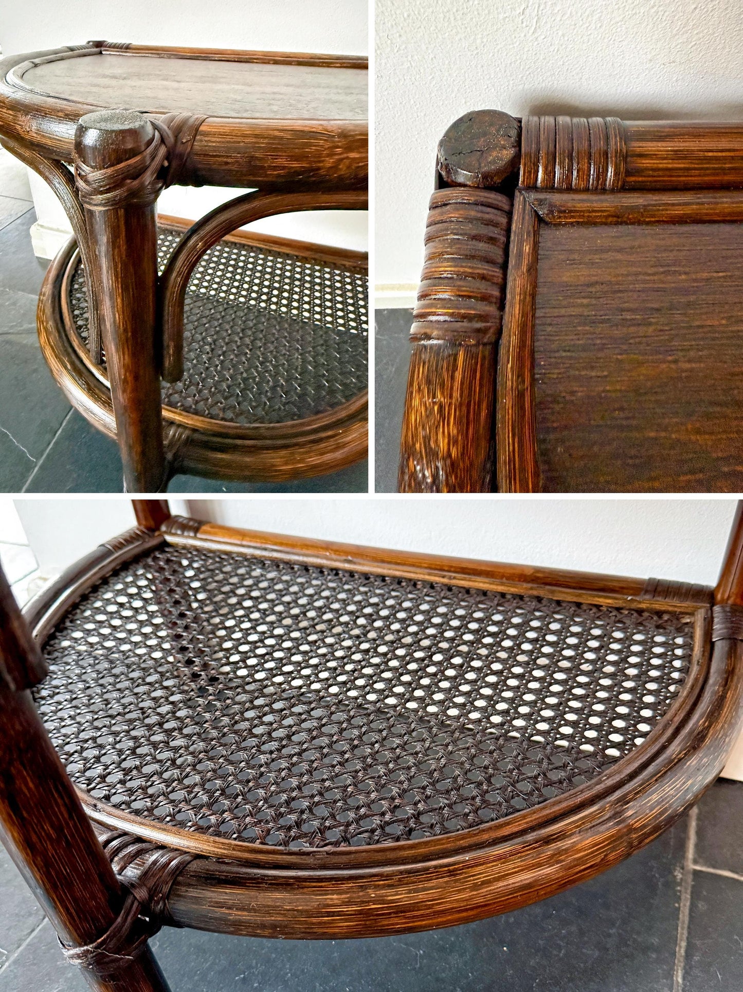 Vintage Rattan & Cane Half-Moon Wall Table | Mid-Century Bohemian