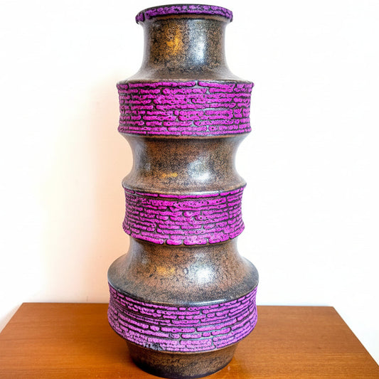 Brown ceramic Scheurich West Germany Pagode vase with purple textured lava glaze, mid-century modern.