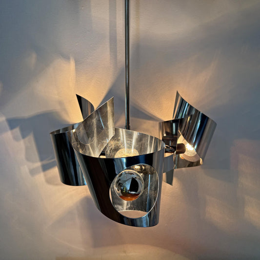 Mid-Century Modern Space Age chrome pendant lamp with three tubular elements, European vintage design.