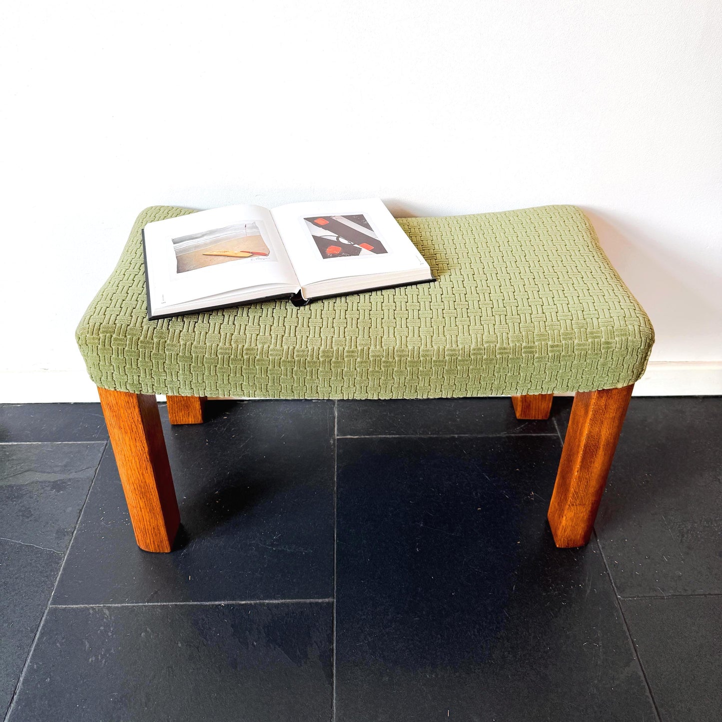 Vintage Wooden Footstool with Green Upholstery | Mid-Century Modern