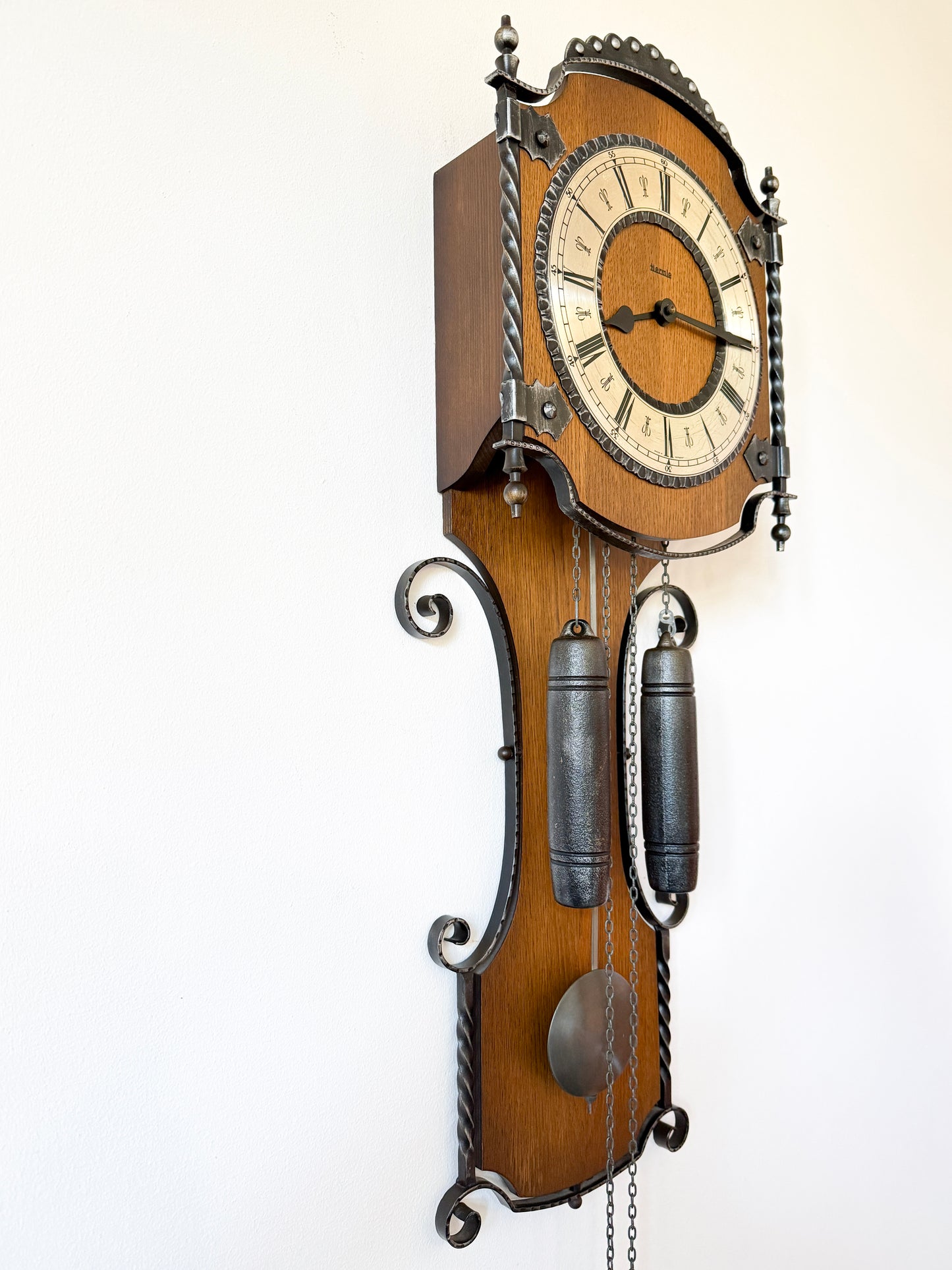 Vintage Hermle Wall Clock with Oak Case and Forged Metal Frame | Rustic Traditional, Late 20th Century