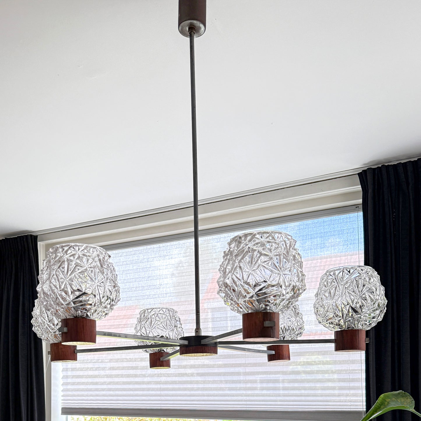 Vintage Six-Arm Chandelier with Pressed Glass Shades | Mid-Century Modern, late 20th Century