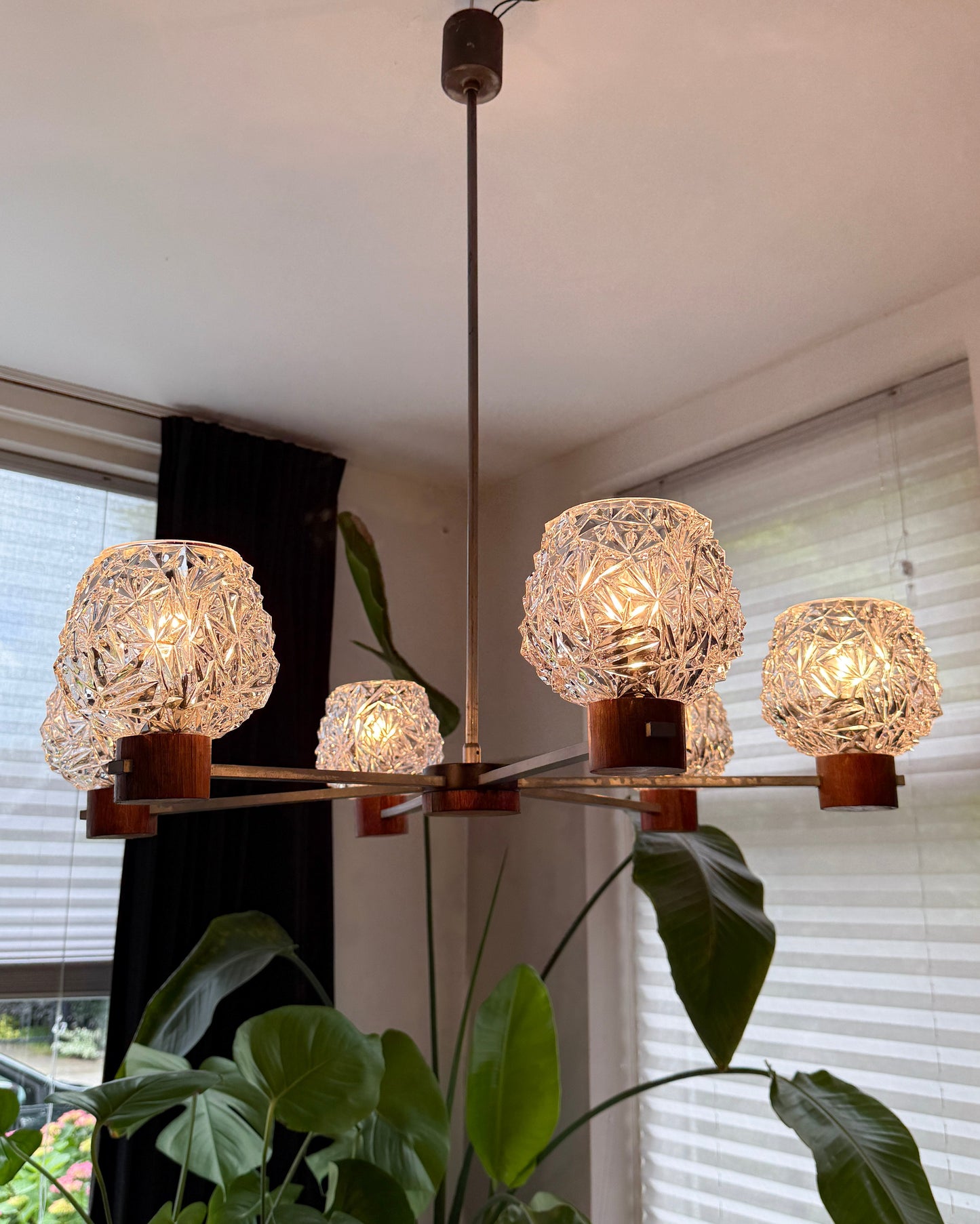 Vintage Six-Arm Chandelier with Pressed Glass Shades | Mid-Century Modern, late 20th Century