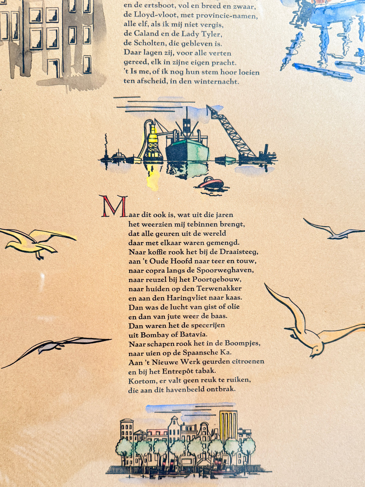 Vintage Framed ‘Rotterdam’ Illustrated Poem Print by Hans Timmer & Jan Prins | Dutch Vintage Graphic Art, 1970s