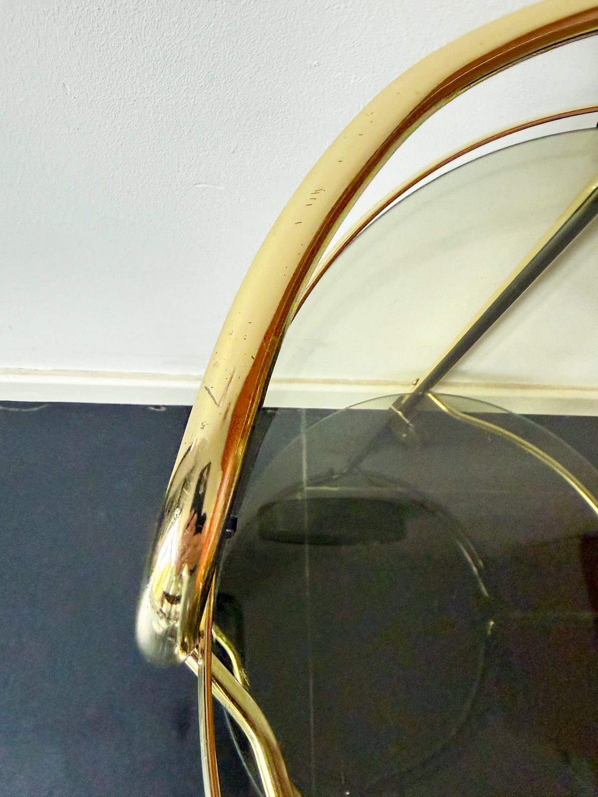 Vintage Brass Serving / Bar Cart with Smoked Glass Shelves | Hollywood Regency, 1970s