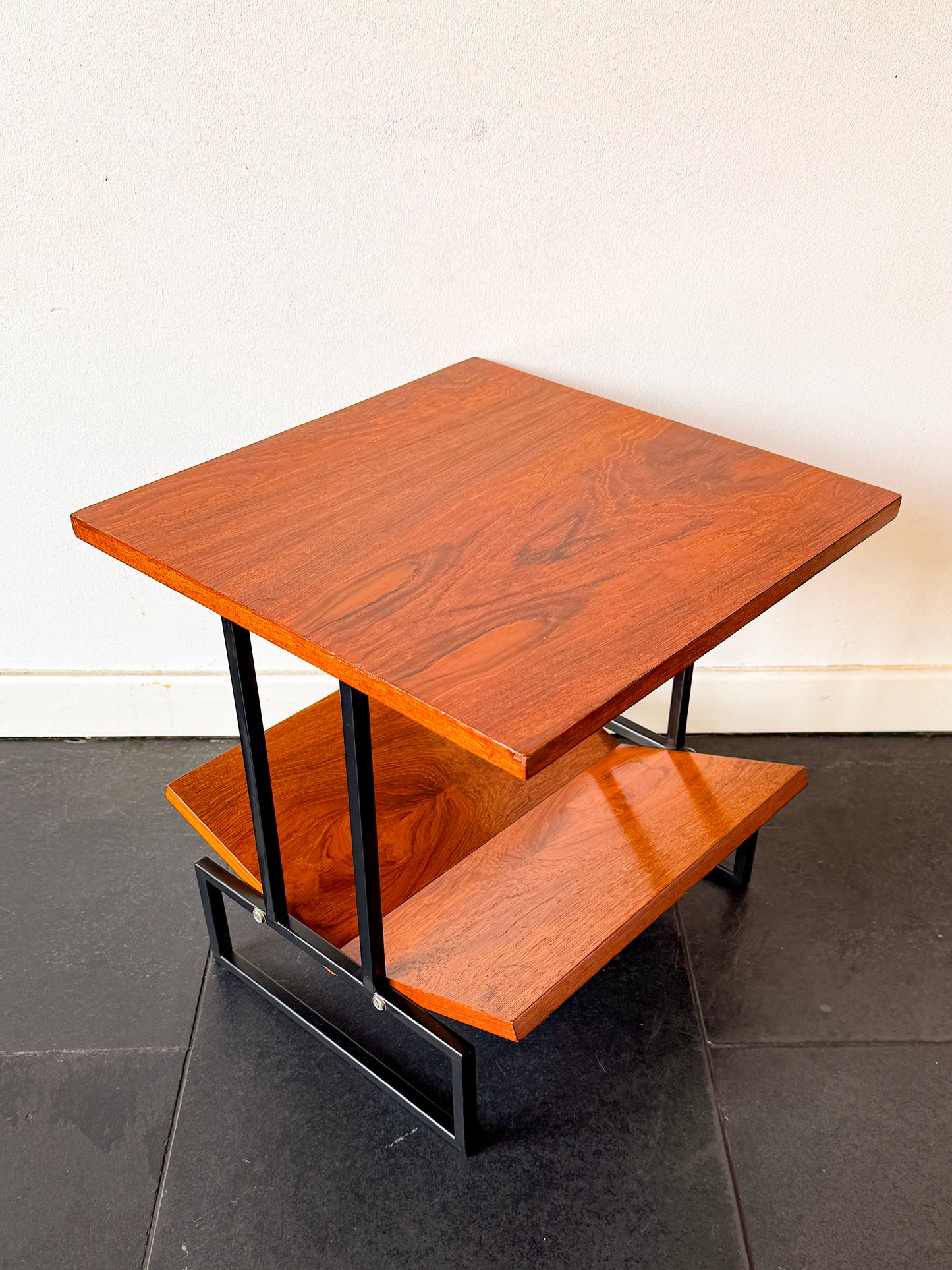 Vintage Mid-Century Modern Magazine Table in Wood and Black Metal | Modernist, Mid-20th century
