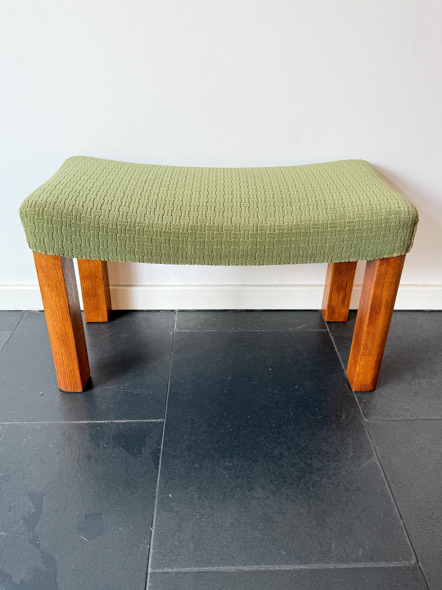 Vintage Wooden Footstool with Green Upholstery | Mid-Century Modern