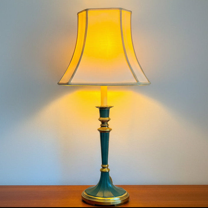 Mid-Century Empire style brass XL table lamp by Kullmann with fabric shade.