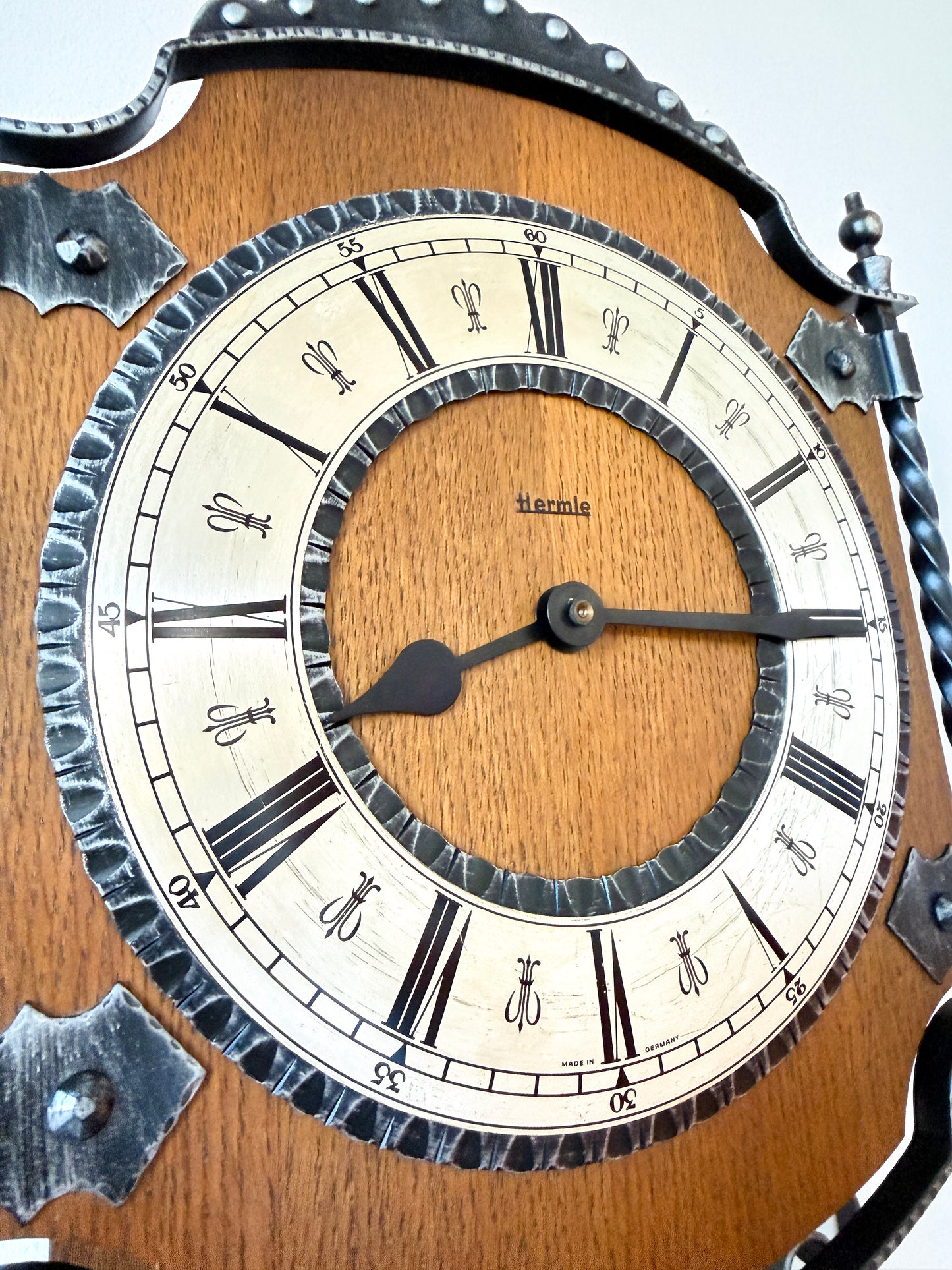 Vintage Hermle Wall Clock with Oak Case and Forged Metal Frame | Rustic Traditional, Late 20th Century