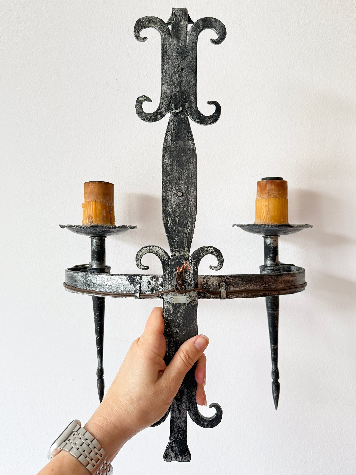 Vintage Wrought Iron Double Wall Sconce with Fleur-de-Lys Motif | Arts & Crafts, Mid-20th Century