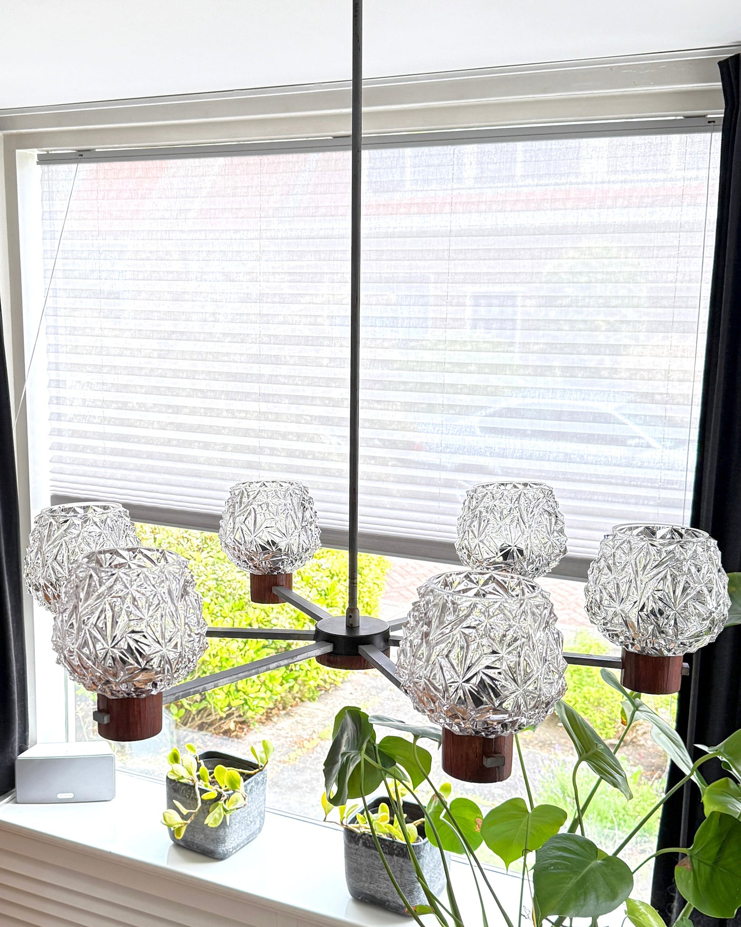 Vintage Six-Arm Chandelier with Pressed Glass Shades | Mid-Century Modern, late 20th Century