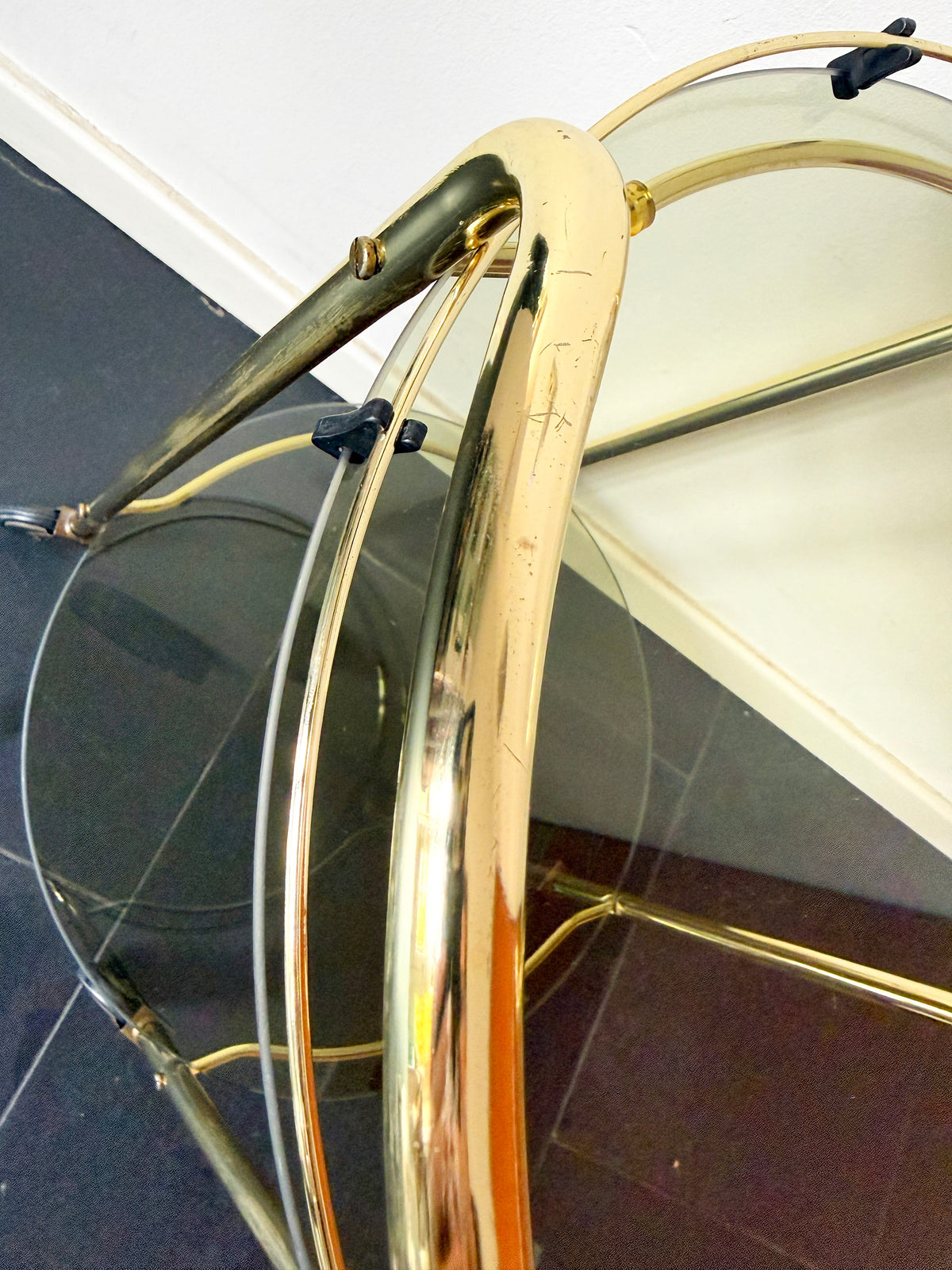 Vintage Brass Serving / Bar Cart with Smoked Glass Shelves | Hollywood Regency, 1970s