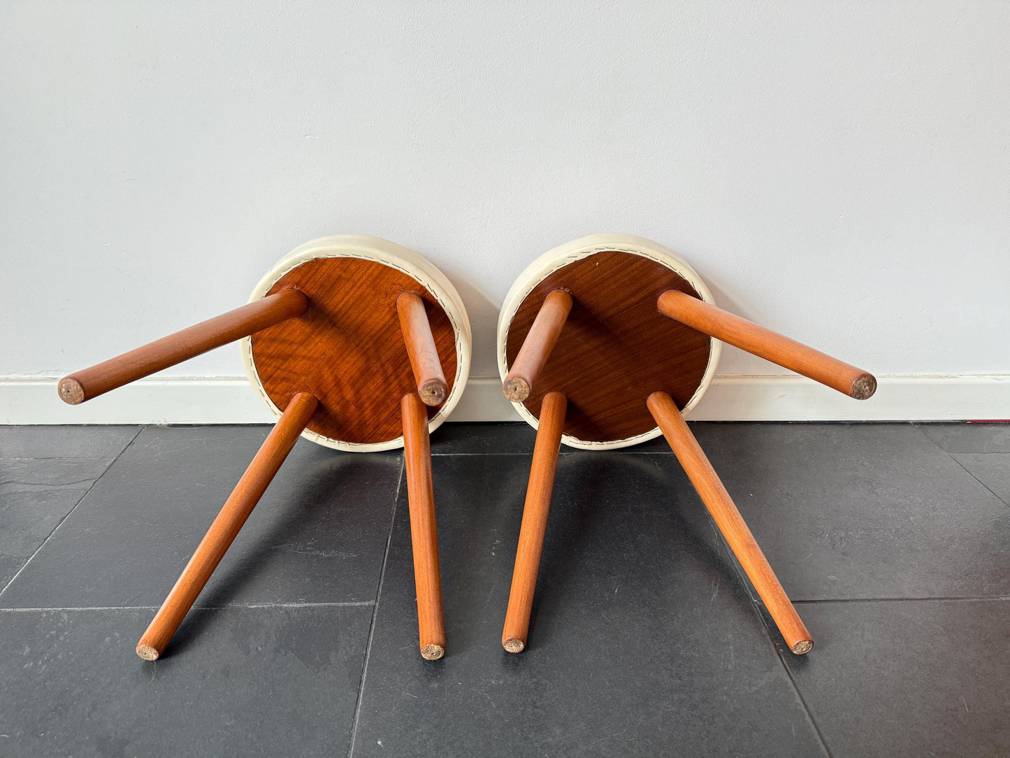 Vintage Mid-Century Wooden Stool with Leather Seat | Mid-Century / Scandinavian Modern, Mid-20th Century