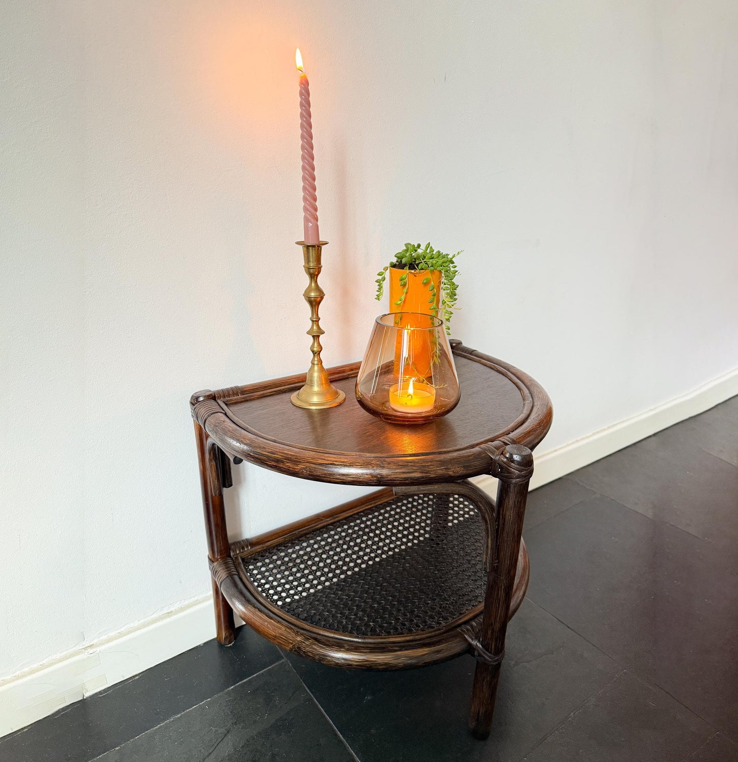 Vintage Rattan & Cane Half-Moon Wall Table | Mid-Century Bohemian