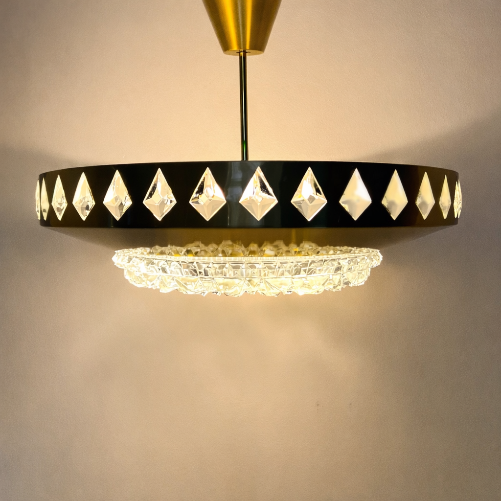 Mid-Century Modern Scandinavian brass and crystal glass pendant lamp attributed to Vitrika with Orrefors glass.