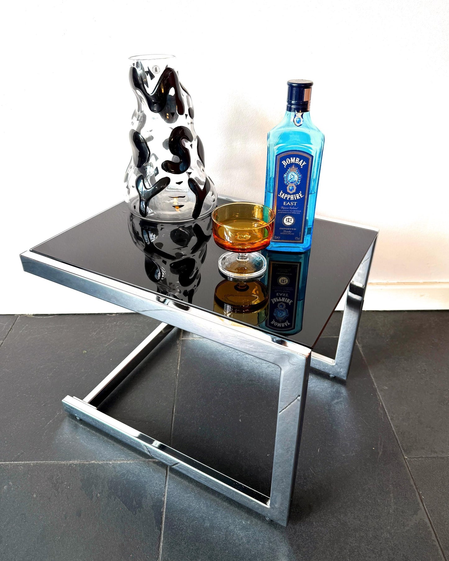 Vintage Chrome Side Table with Black Glass Top | Modernist, 1970s