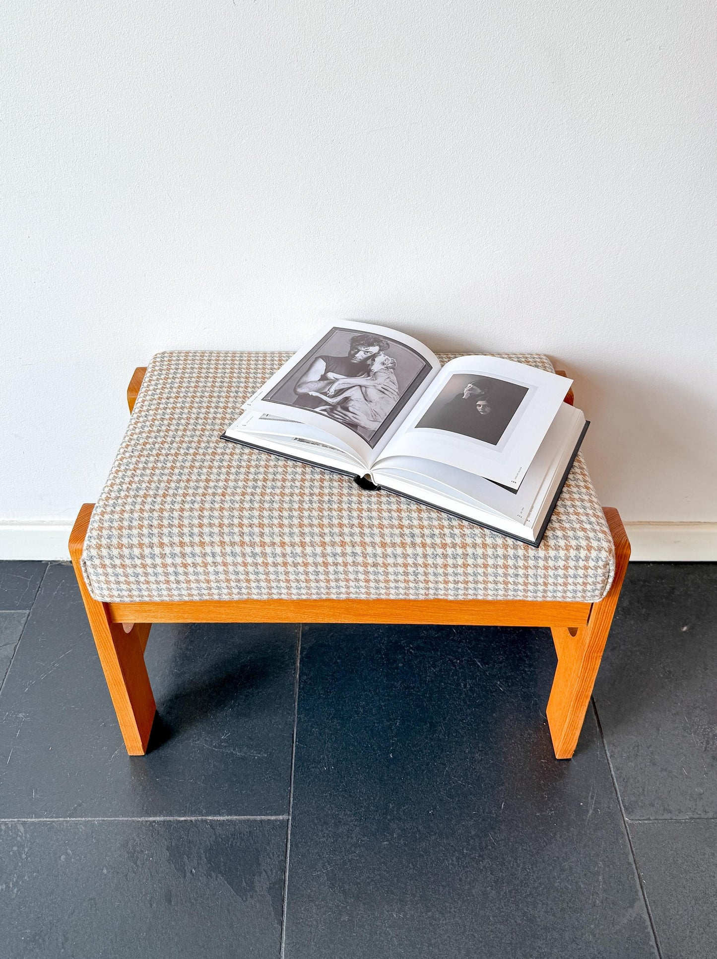 Vintage Mid-Century Footstool in Wood and Wool | Modern Scandinavian, 1970s
