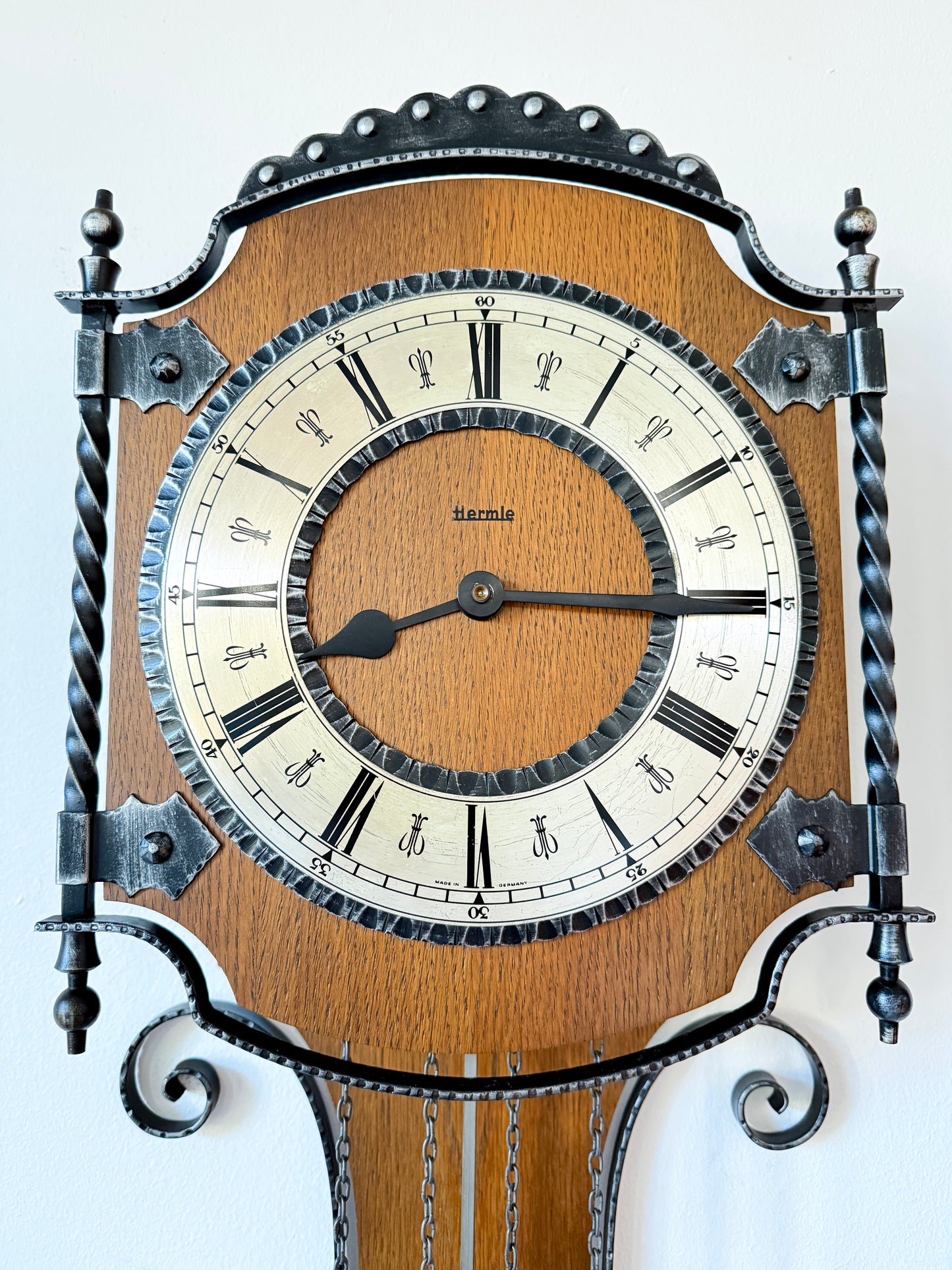 Vintage Hermle Wall Clock with Oak Case and Forged Metal Frame | Rustic Traditional, Late 20th Century