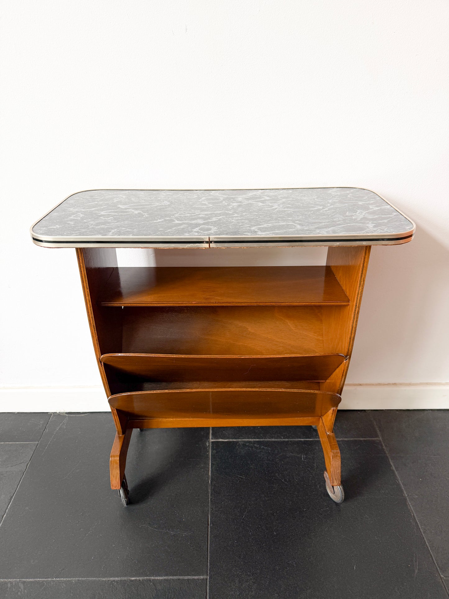 Vintage Bar Cart / Magazine Rack with Marble-Effect Top | Mid-Century Modern, 1950/60s