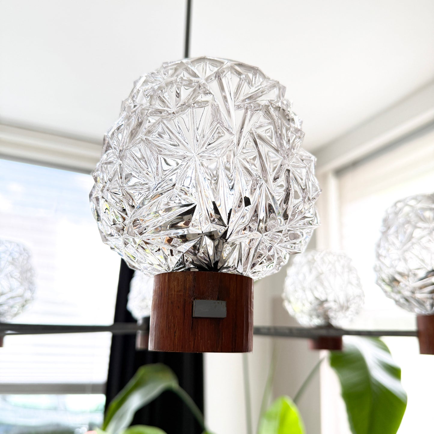 Vintage Six-Arm Chandelier with Pressed Glass Shades | Mid-Century Modern, late 20th Century