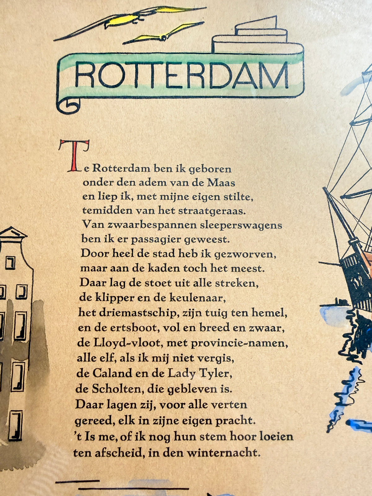 Vintage Framed ‘Rotterdam’ Illustrated Poem Print by Hans Timmer & Jan Prins | Dutch Vintage Graphic Art, 1970s