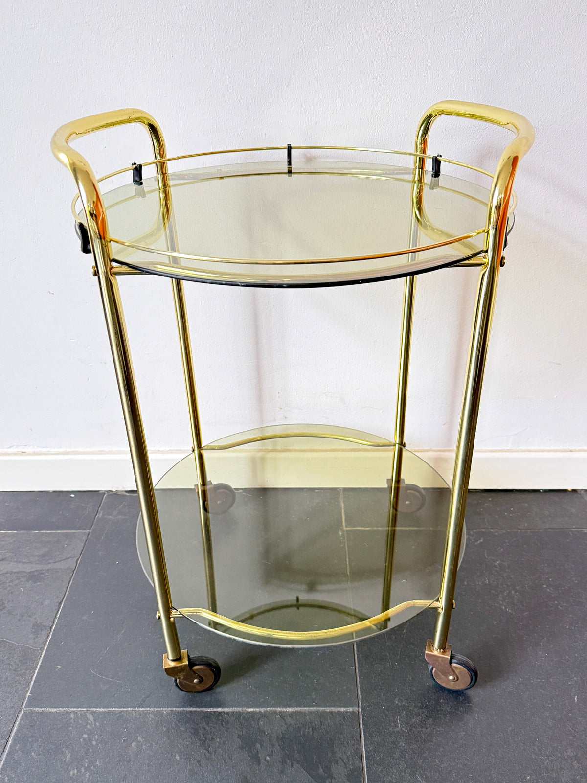Vintage Brass Serving / Bar Cart with Smoked Glass Shelves | Hollywood Regency, 1970s