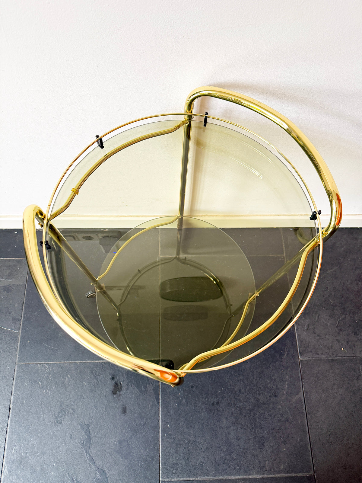Vintage Brass Serving / Bar Cart with Smoked Glass Shelves | Hollywood Regency, 1970s
