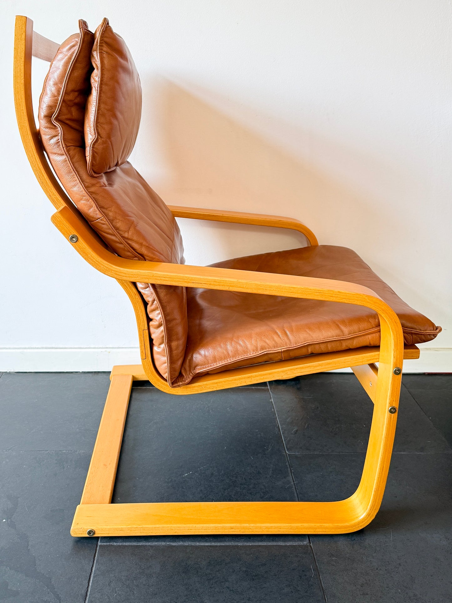 Vintage IKEA Poäng Armchair in Cognac Leather by Noboru Nakamura | Scandinavian Modern, late 20th Century