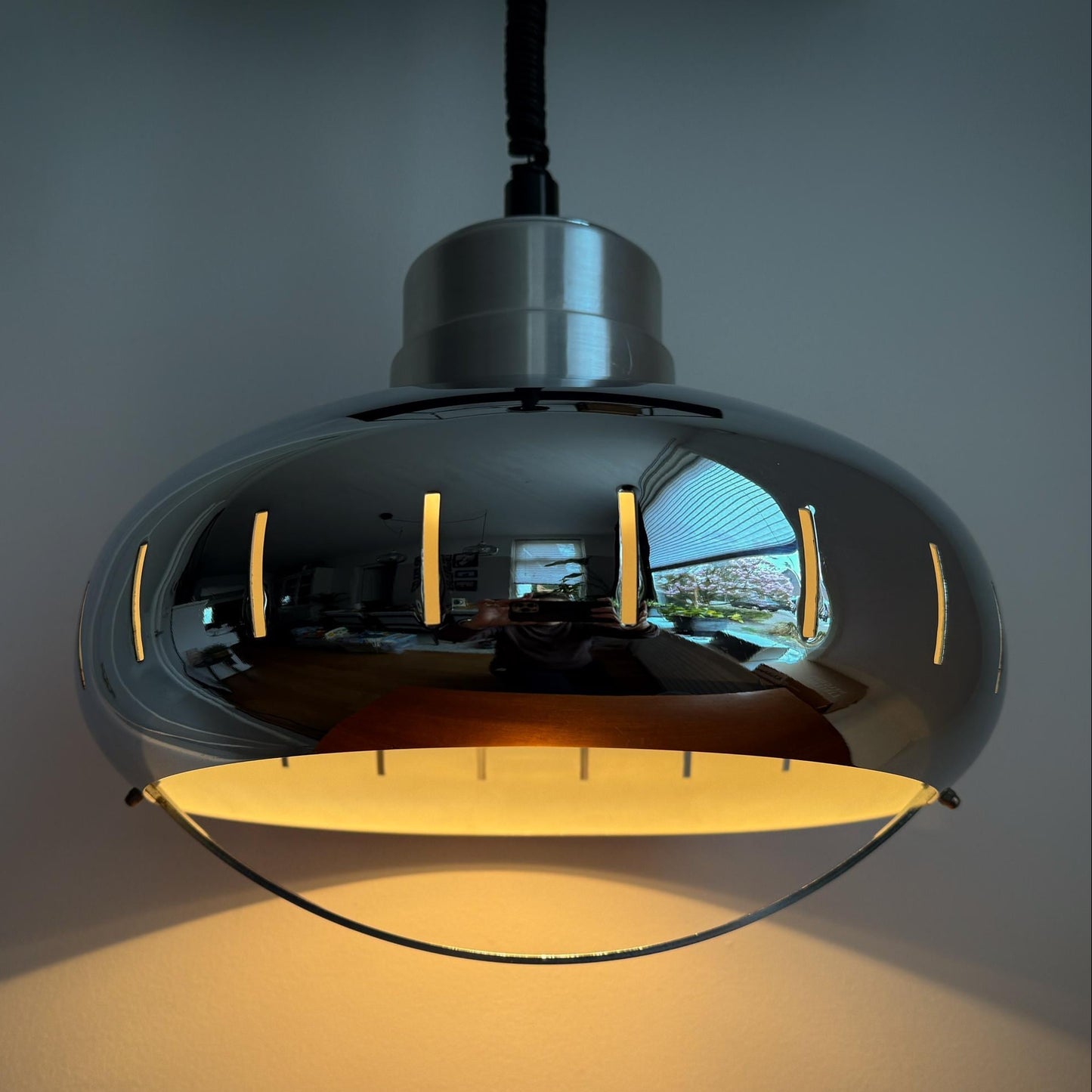 Mid-Century Modern chrome metal pendant lamp by Herda, 1970s.