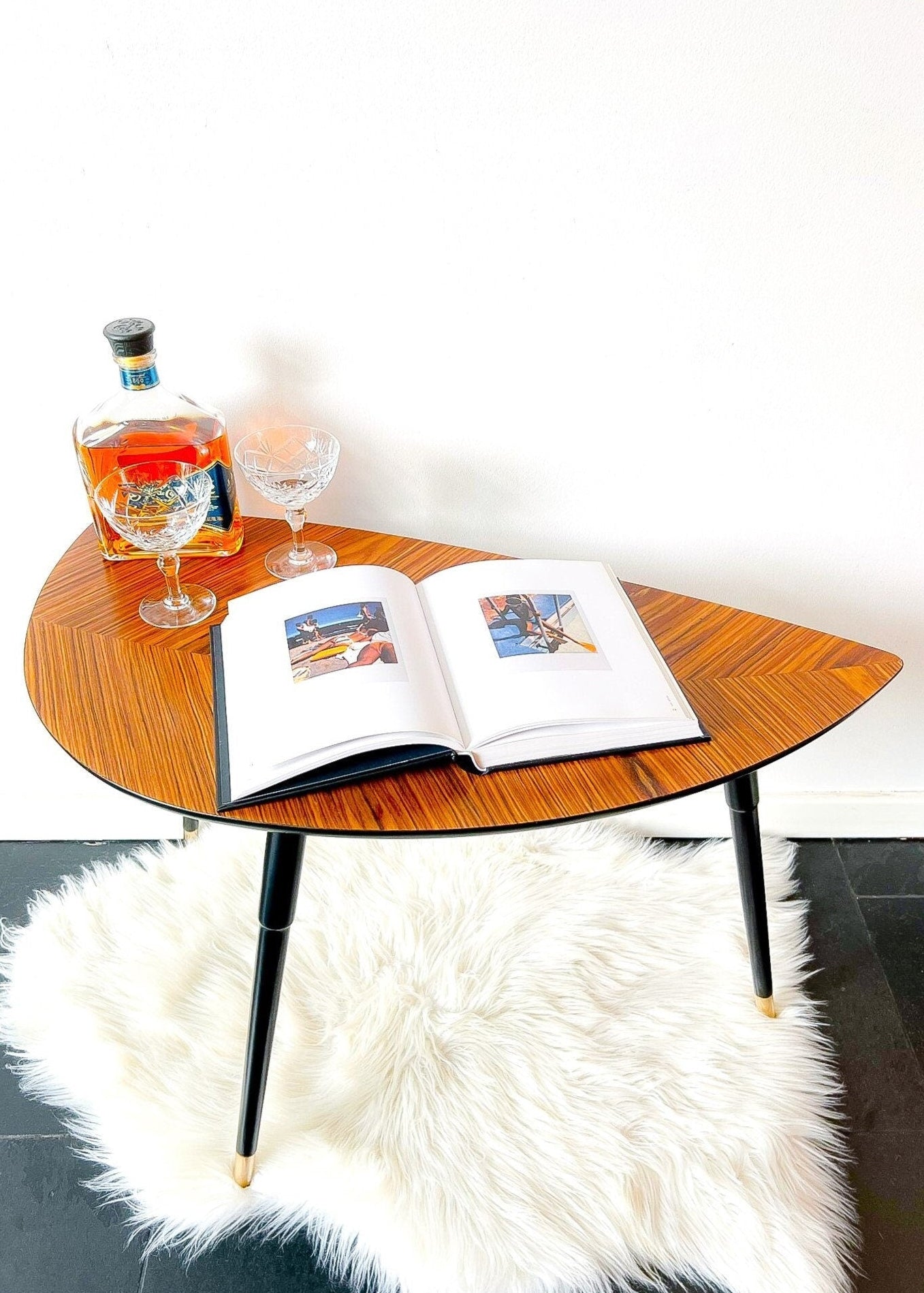 Mid-Century Scandinavian side/coffee table IKEA Lövbacken with book and drinks. By Vintagefindsbyrenata