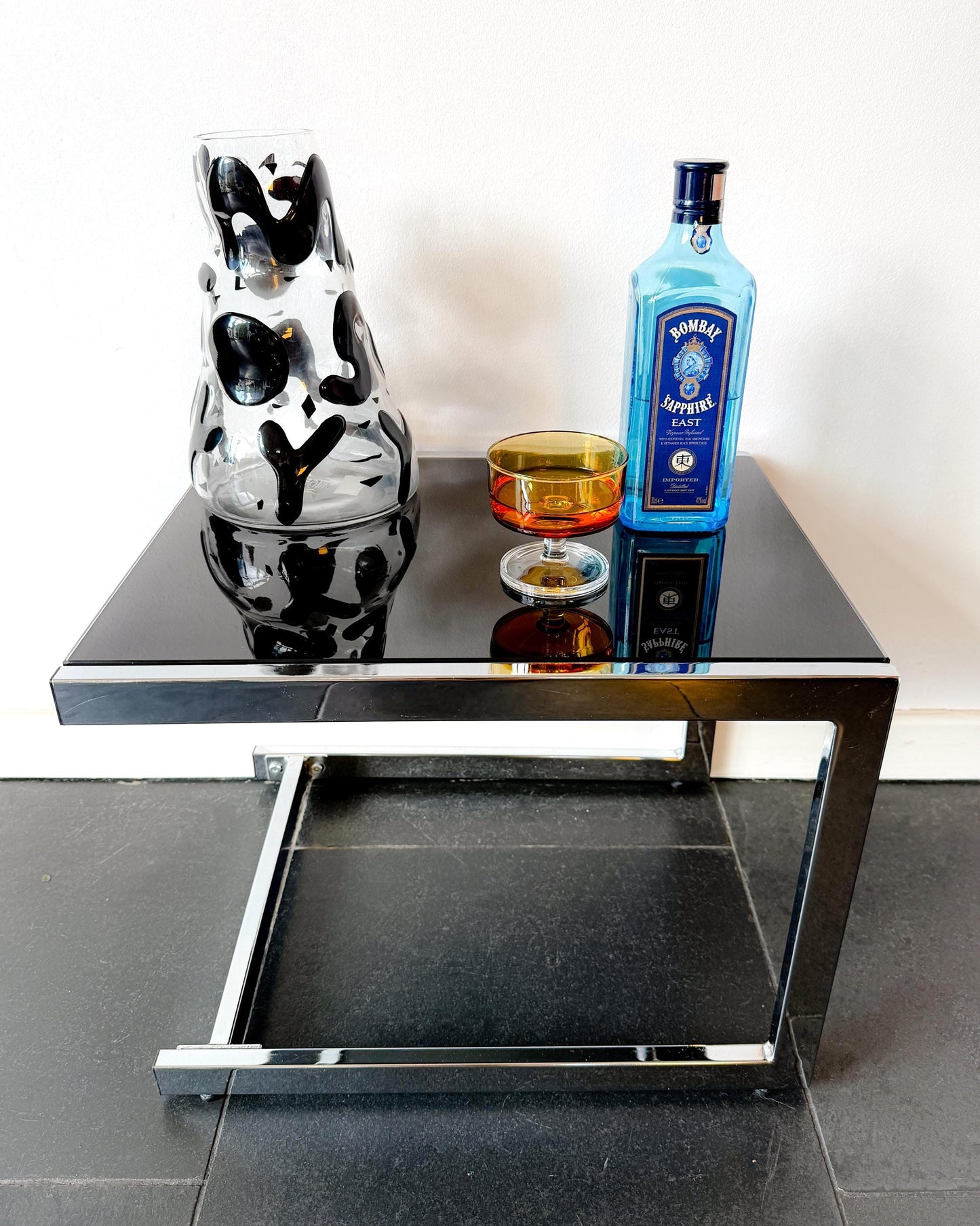 Vintage Chrome Side Table with Black Glass Top | Modernist, 1970s