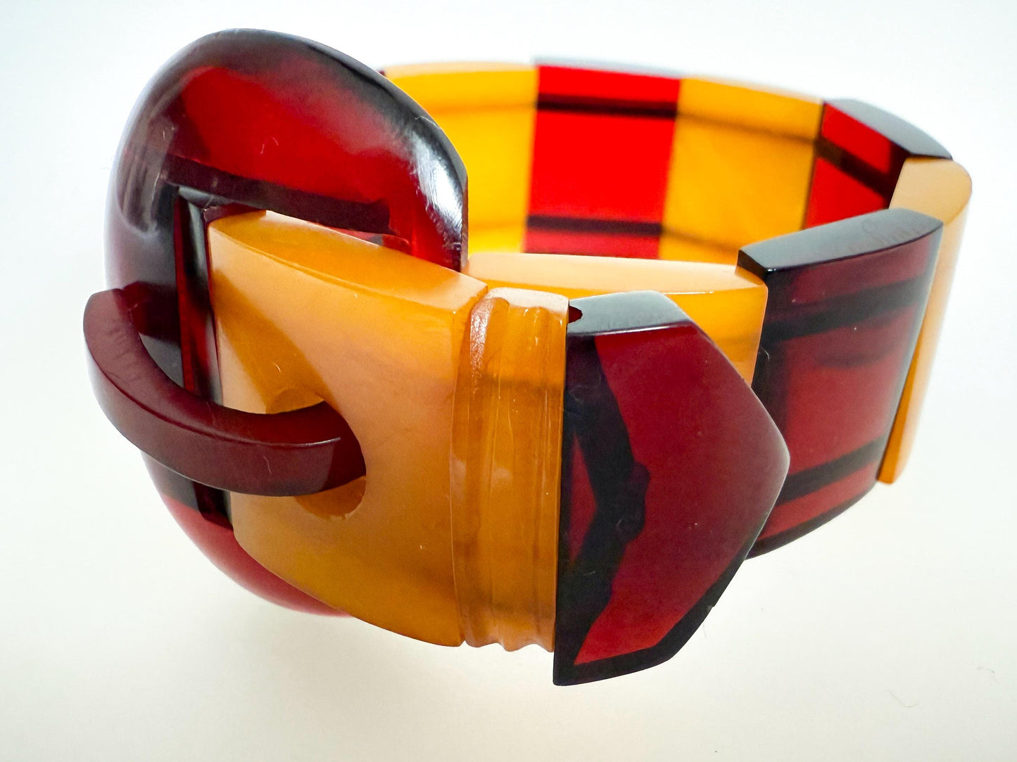 Vintage Bakelite Catalin Bracelet with Cherry Juice & Butterscotch Panels | Art Deco, 1940s