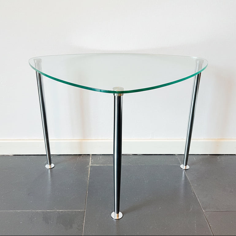 Minimalist modernist triangular glass coffee table with chrome legs, vintage design. By Vintagefindsbyrenata