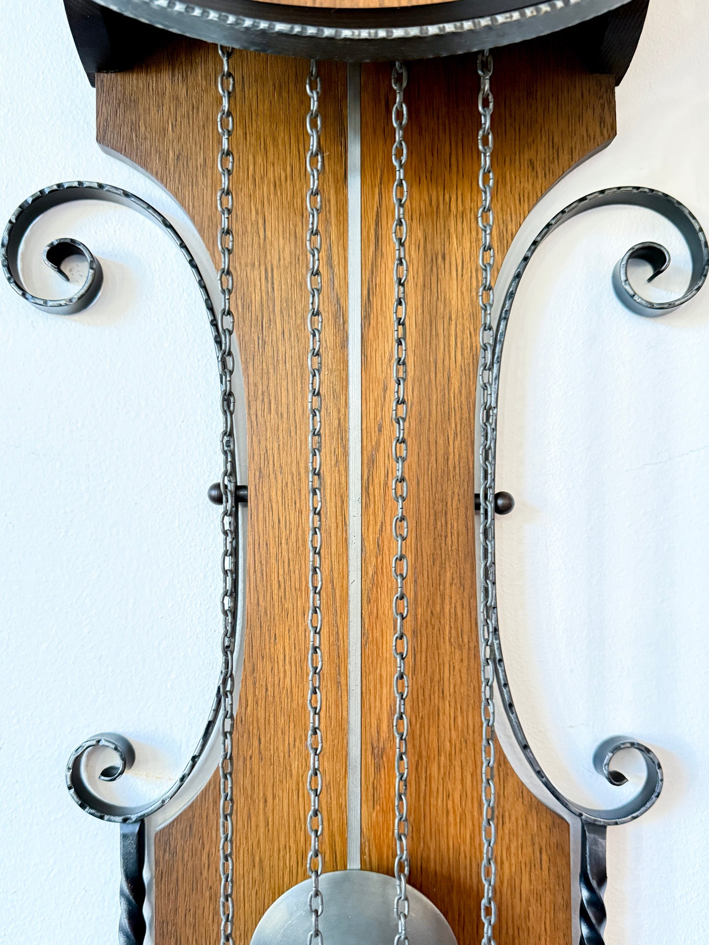 Vintage Hermle Wall Clock with Oak Case and Forged Metal Frame | Rustic Traditional, Late 20th Century