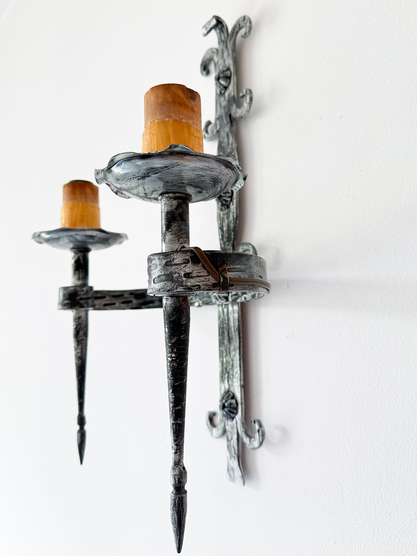 Vintage Wrought Iron Double Wall Sconce with Fleur-de-Lys Motif | Arts & Crafts, Mid-20th Century