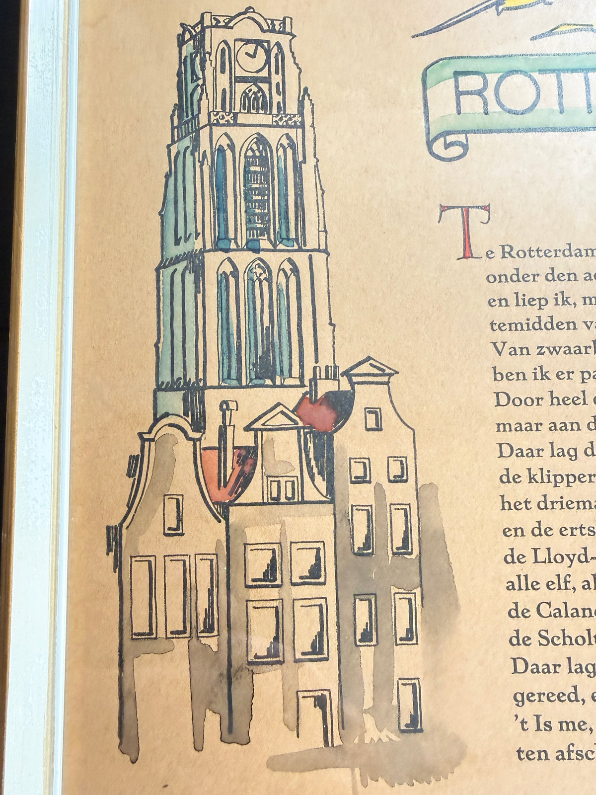 Vintage Framed ‘Rotterdam’ Illustrated Poem Print by Hans Timmer & Jan Prins | Dutch Vintage Graphic Art, 1970s