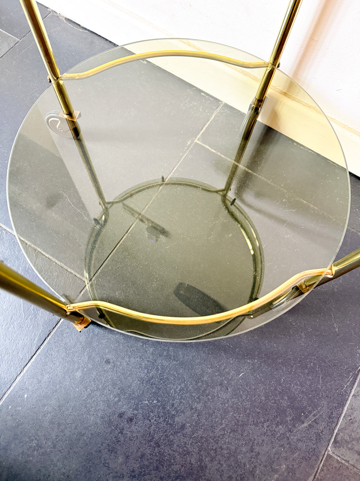 Vintage Brass Serving / Bar Cart with Smoked Glass Shelves | Hollywood Regency, 1970s
