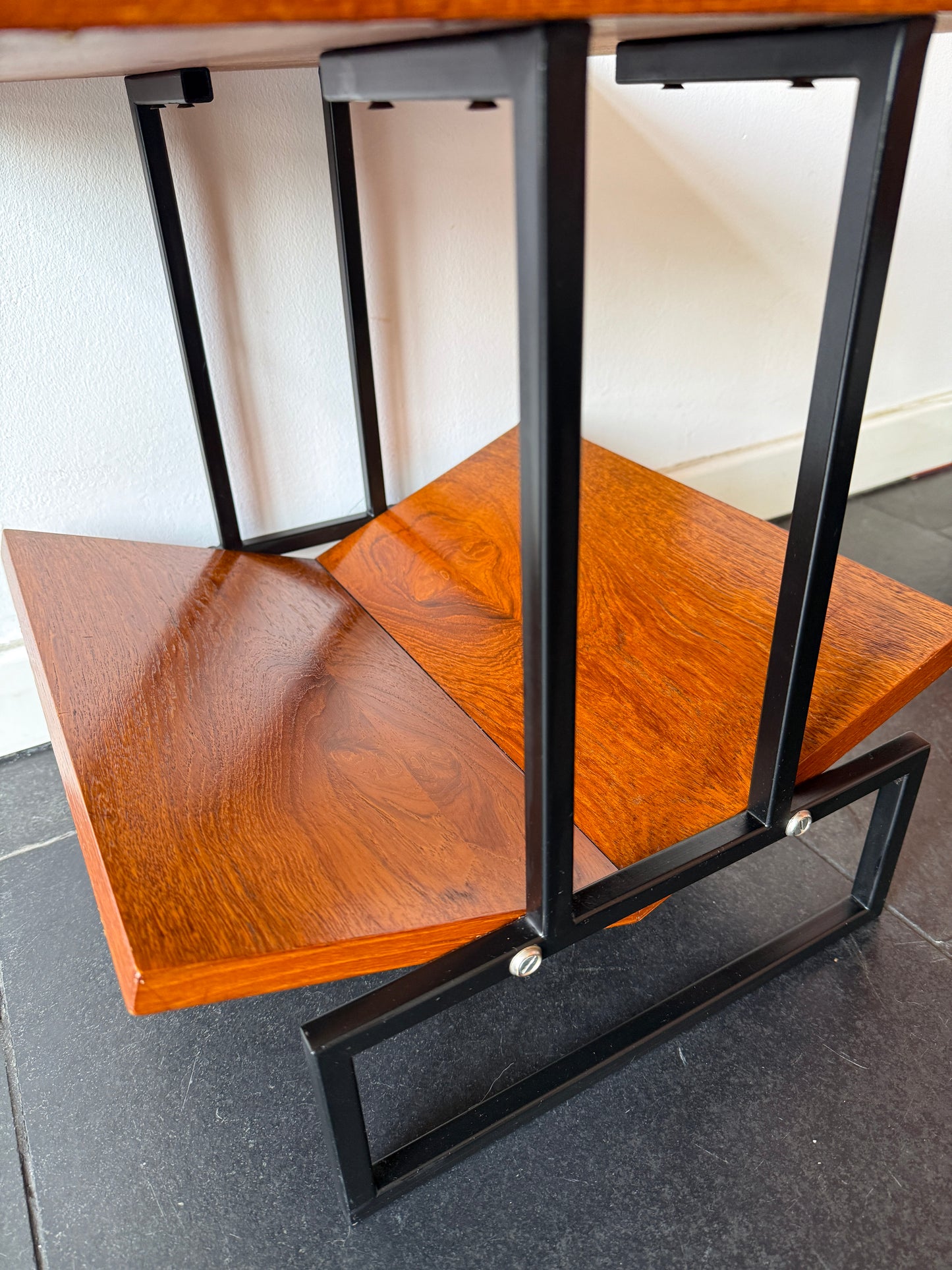Vintage Mid-Century Modern Magazine Table in Wood and Black Metal | Modernist, Mid-20th century