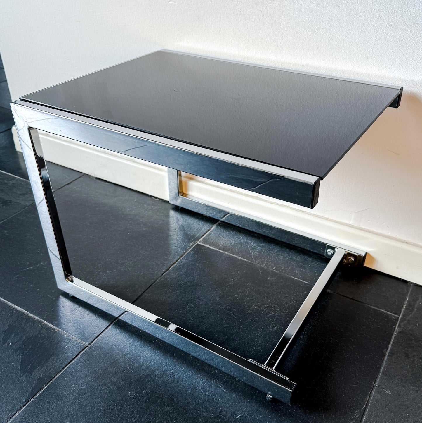 Vintage Chrome Side Table with Black Glass Top | Modernist, 1970s