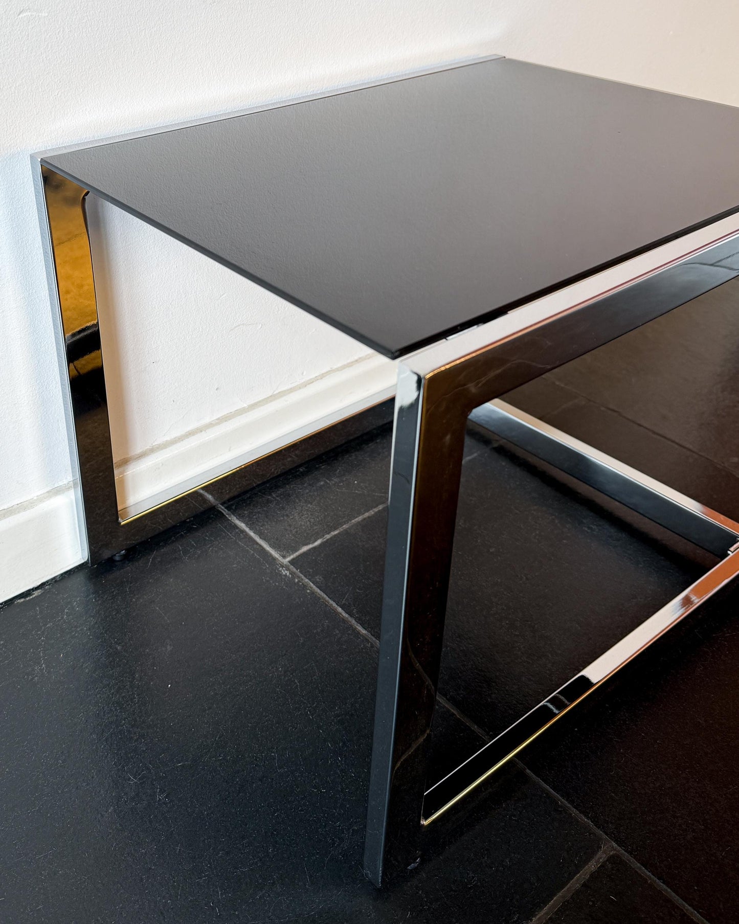 Vintage Chrome Side Table with Black Glass Top | Modernist, 1970s