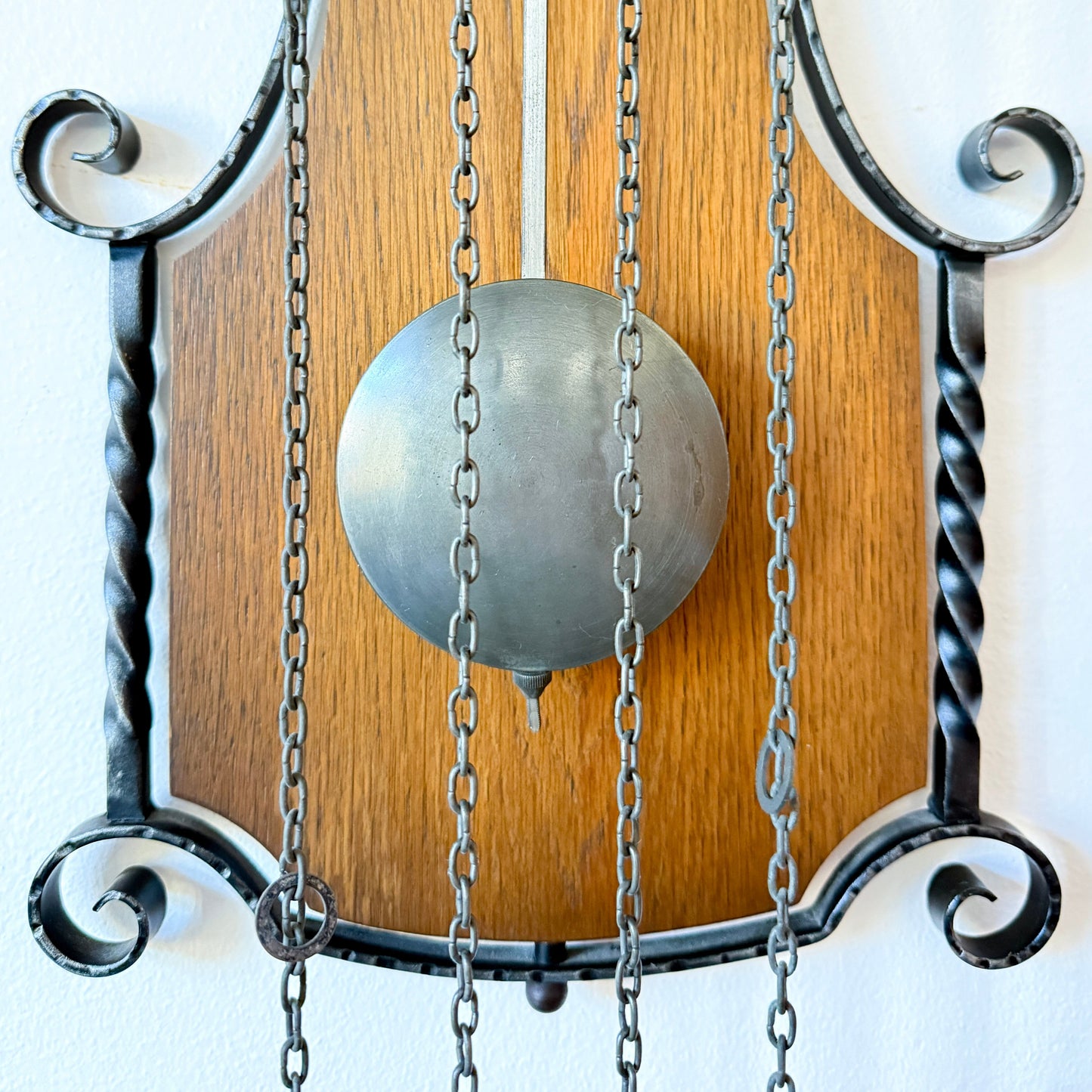 Vintage Hermle Wall Clock with Oak Case and Forged Metal Frame | Rustic Traditional, Late 20th Century