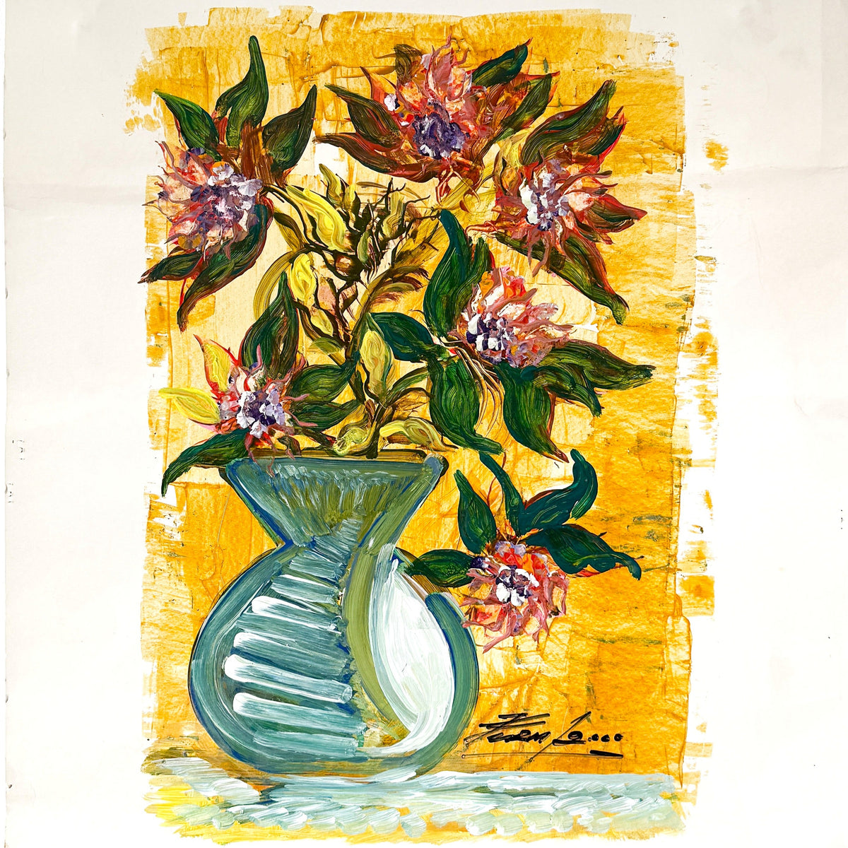 Expressionist floral still life on paper, textured paint, dated 2000.