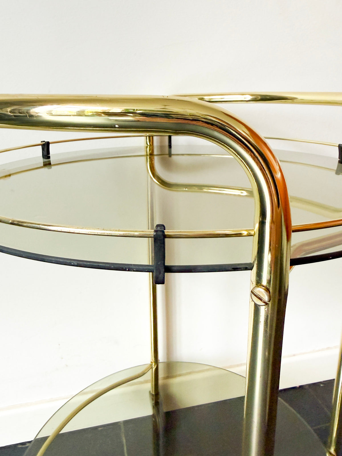 Vintage Brass Serving / Bar Cart with Smoked Glass Shelves | Hollywood Regency, 1970s