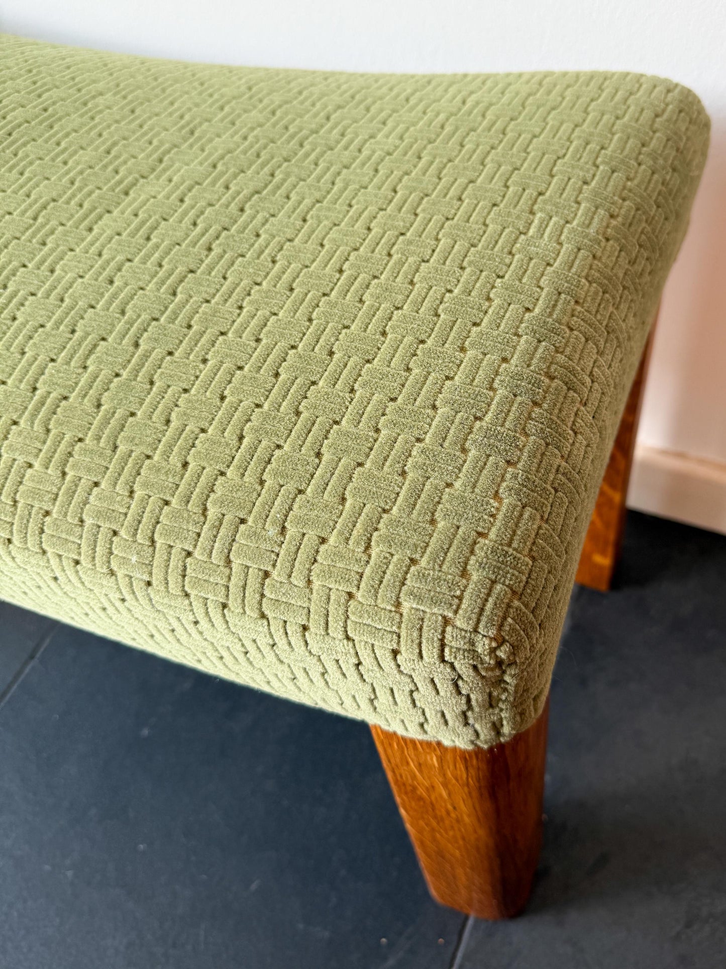 Vintage Wooden Footstool with Green Upholstery | Mid-Century Modern
