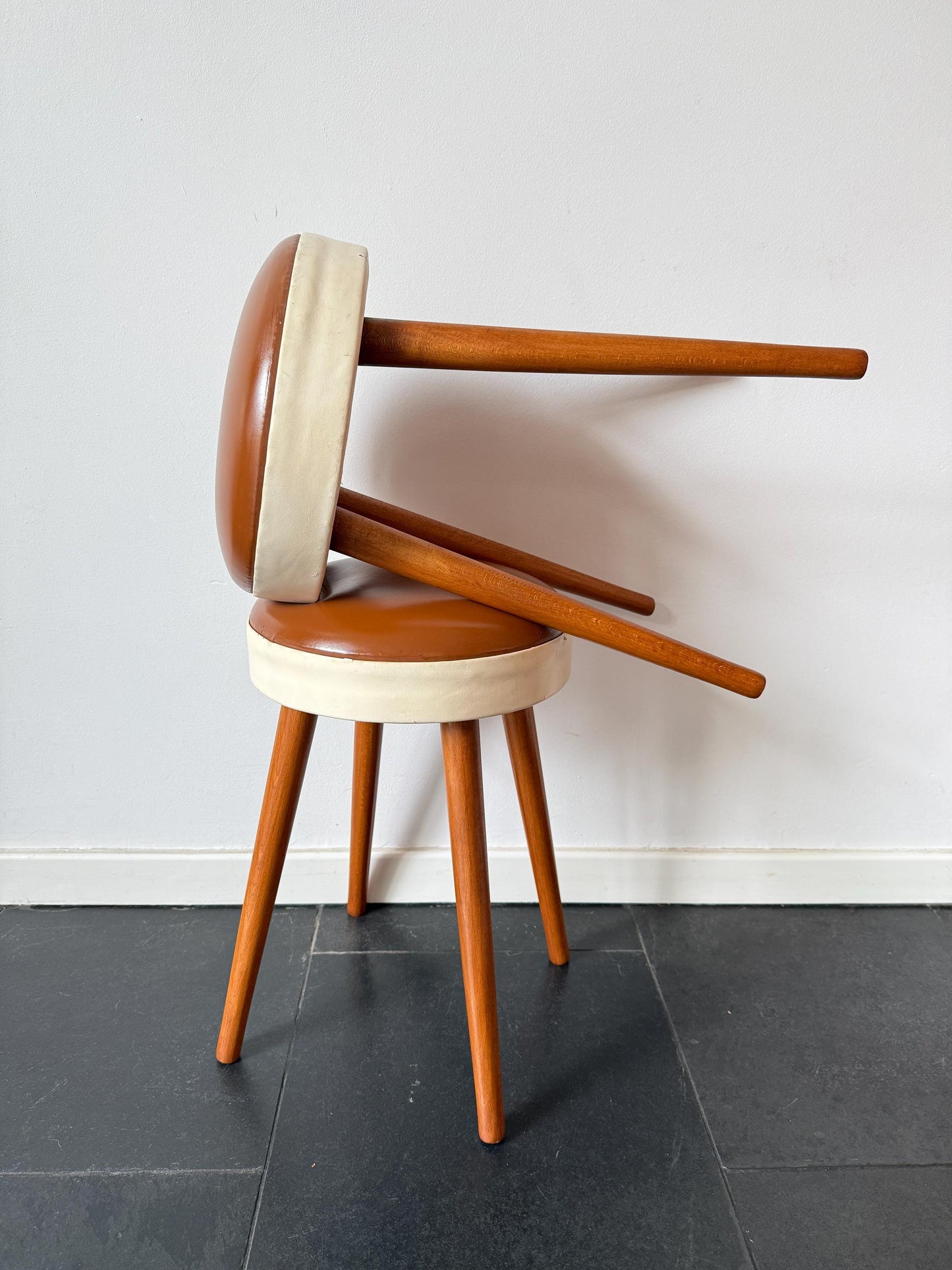 Vintage Mid-Century Wooden Stool with Leather Seat | Mid-Century / Scandinavian Modern, Mid-20th Century