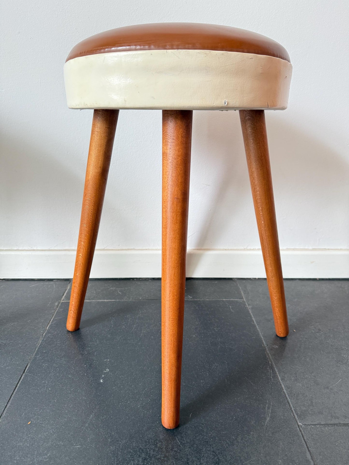 Vintage Mid-Century Wooden Stool with Leather Seat | Mid-Century / Scandinavian Modern, Mid-20th Century