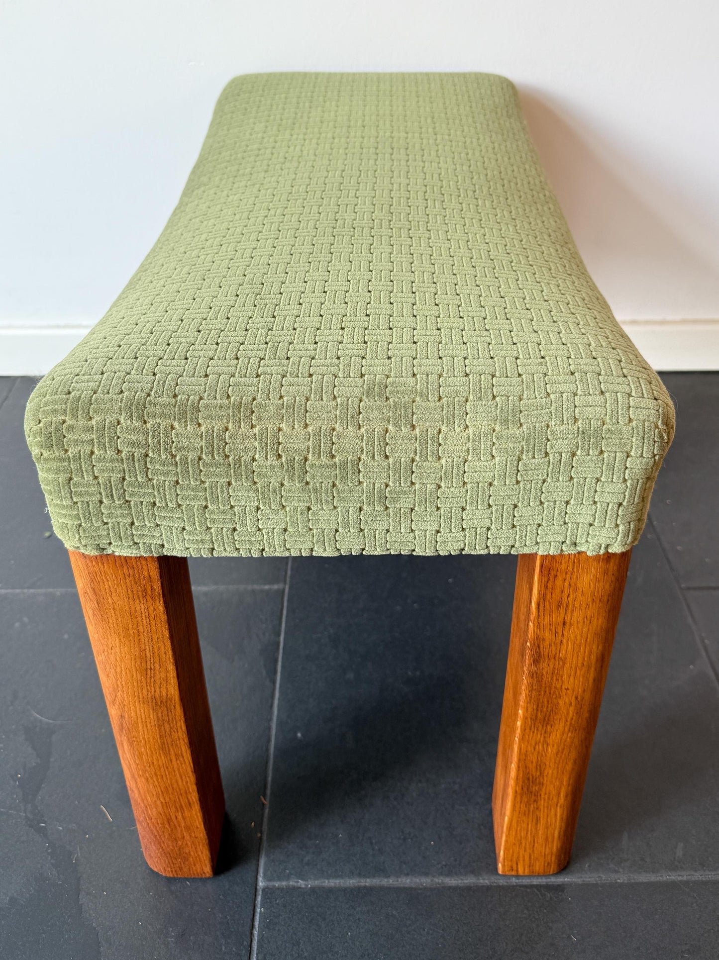 Vintage Wooden Footstool with Green Upholstery | Mid-Century Modern