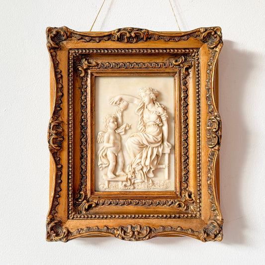 Classical figural relief wall plaque, alabaster-style relief with gilded Rococo Revival frame. By Vintagefindsbyrenata